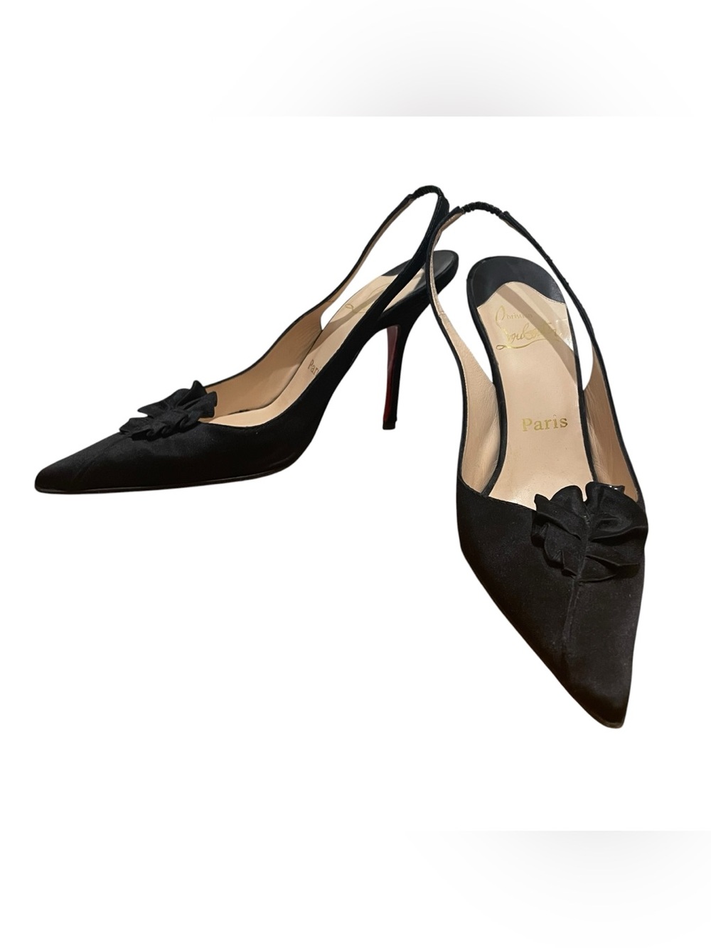 Christian Louboutin Black Satin Slingback Pointed Toe Ruffle Heels Women’s 37.5